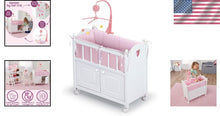 Load image into Gallery viewer, Heirloom Wooden Doll Bed with Storage &amp; Musical Mobile, Personalized Kit - 22in