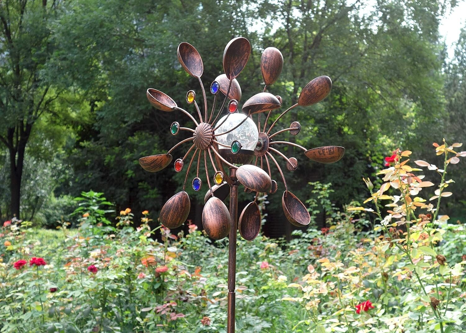 Bronze Solar Wind Spinner - 75-Inch Kinetic Sculpture with Color-Changing LED