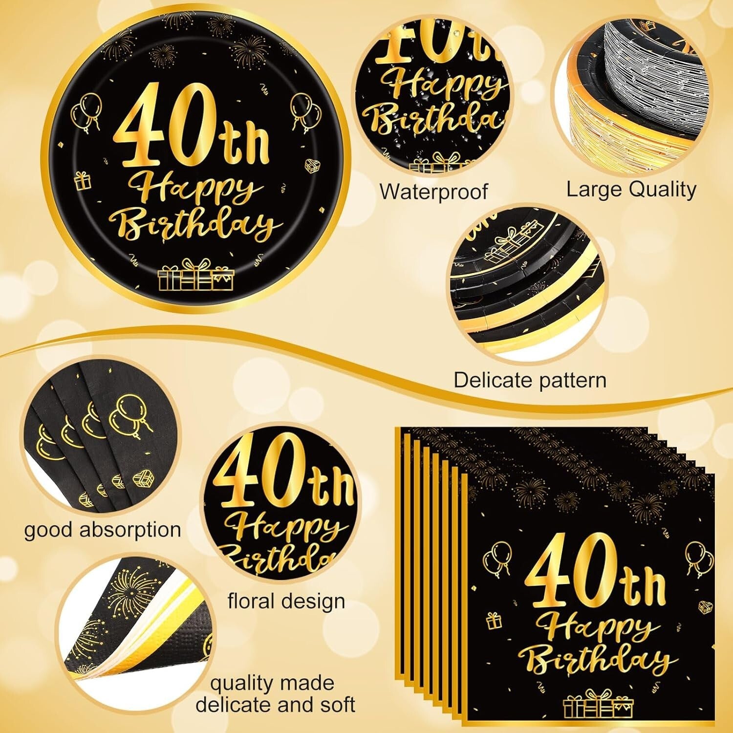 452 Pcs Black and Gold 40th Birthday Party Supplies - Classy Disposable Set