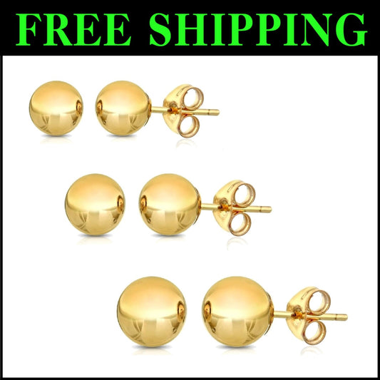 14K Solid Gold Triple-Pack Ball Stud Earrings - Comfortable for Sensitive Ears