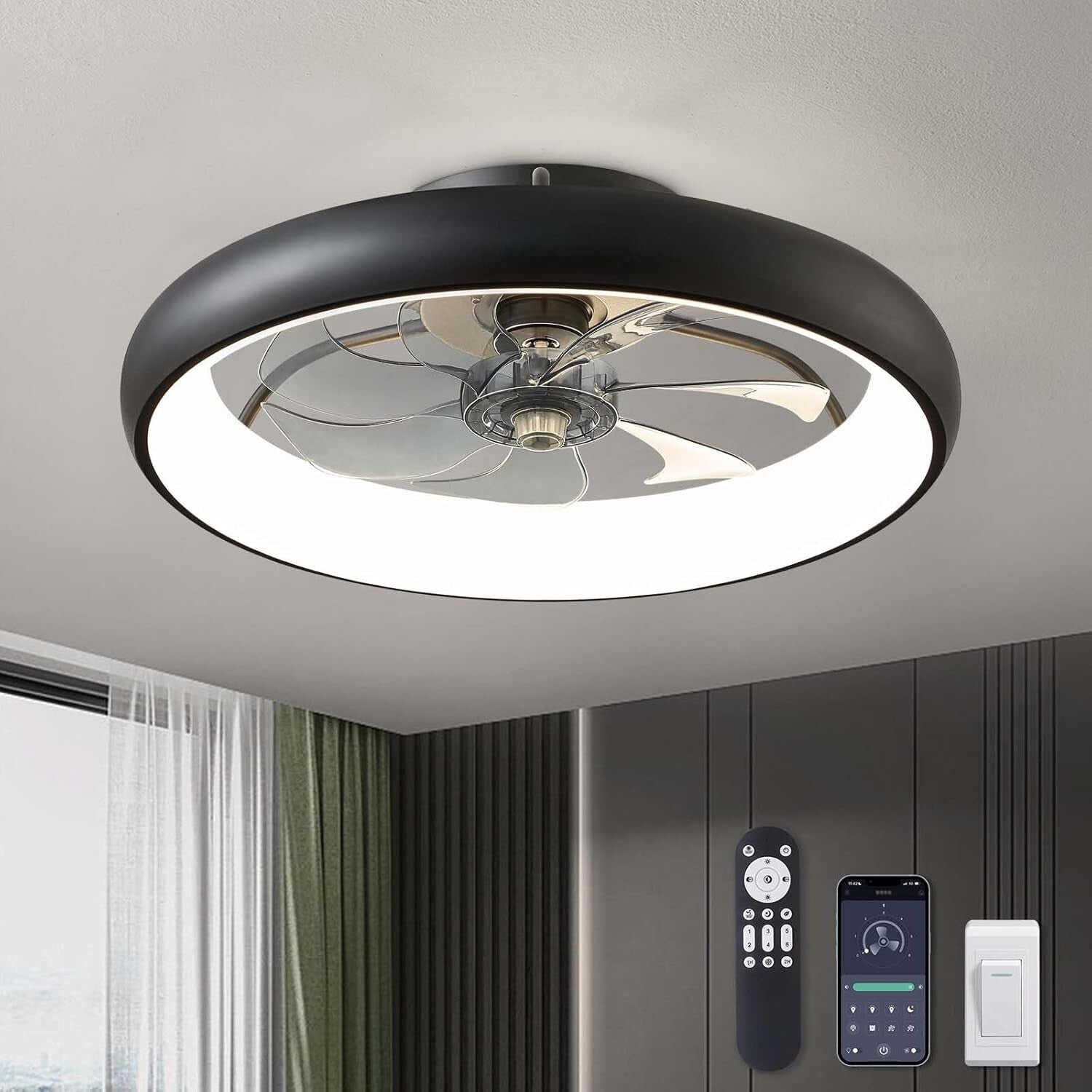 20'' Smart Flush Mount Ceiling Fan with Lights | Remote & App Control - Black
