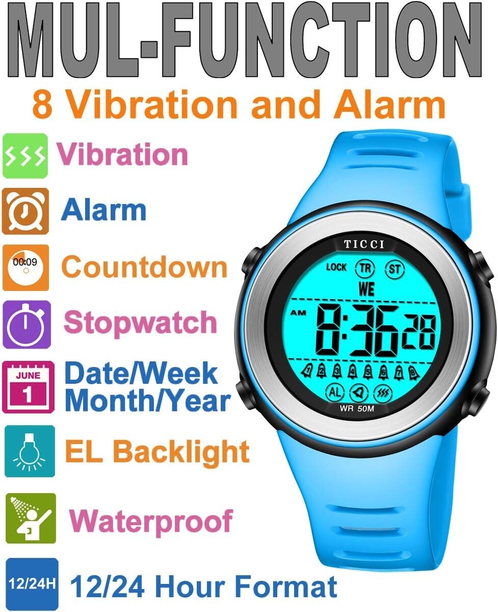 Unisex 8-Vibration Alarm Watch for Medication Reminders - Easy to Read & Durable