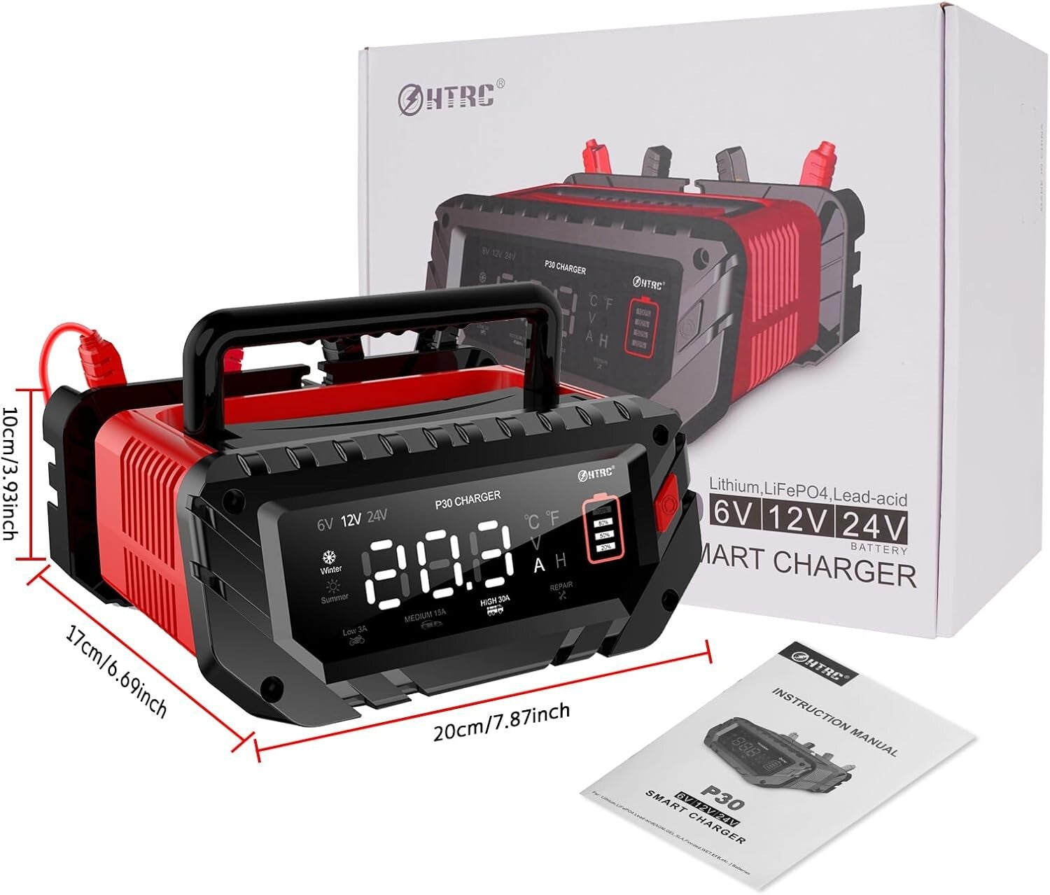 30 Amp Smart Lithium Battery Charger for 6V/12V/24V Vehicles – Portable & Safe