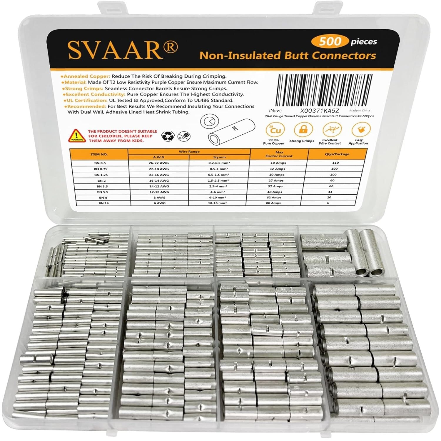 500 PCS Non-Insulated Butt Connectors - Marine Grade Tinned Copper 6-26 AWG