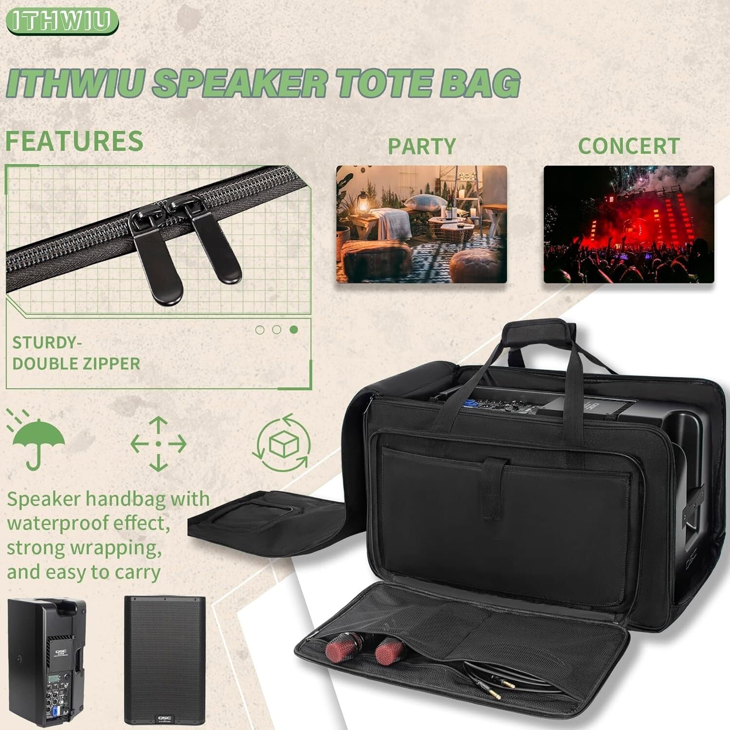 Versatile Padded Speaker Bag for 8" Speakers - Double Zipper & Exterior Pocket