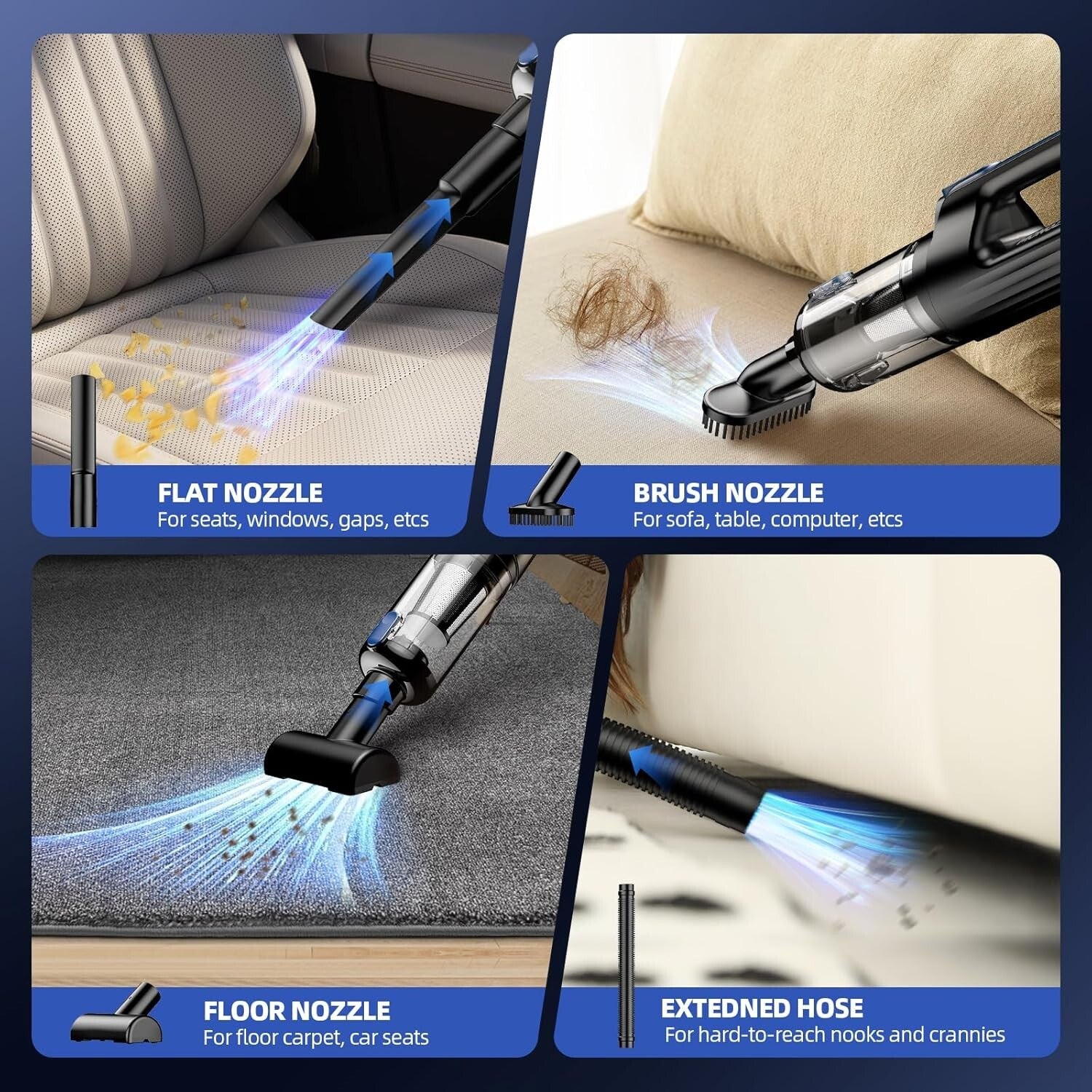 Quiet & Efficient Cordless Car Vacuum, 7800mAh Battery – Pet Hair Solution