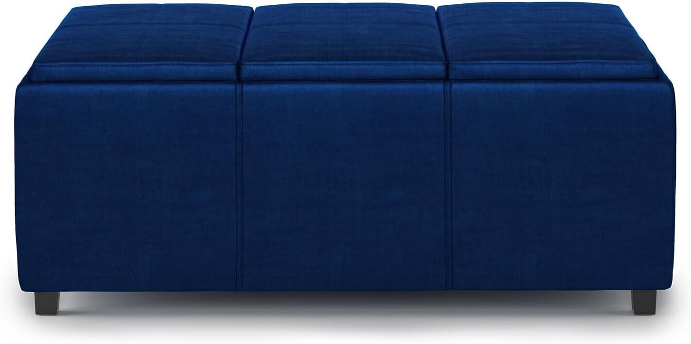 Elegant Rectangular Storage Ottoman - Assembled Blue Velvet with Serving Trays