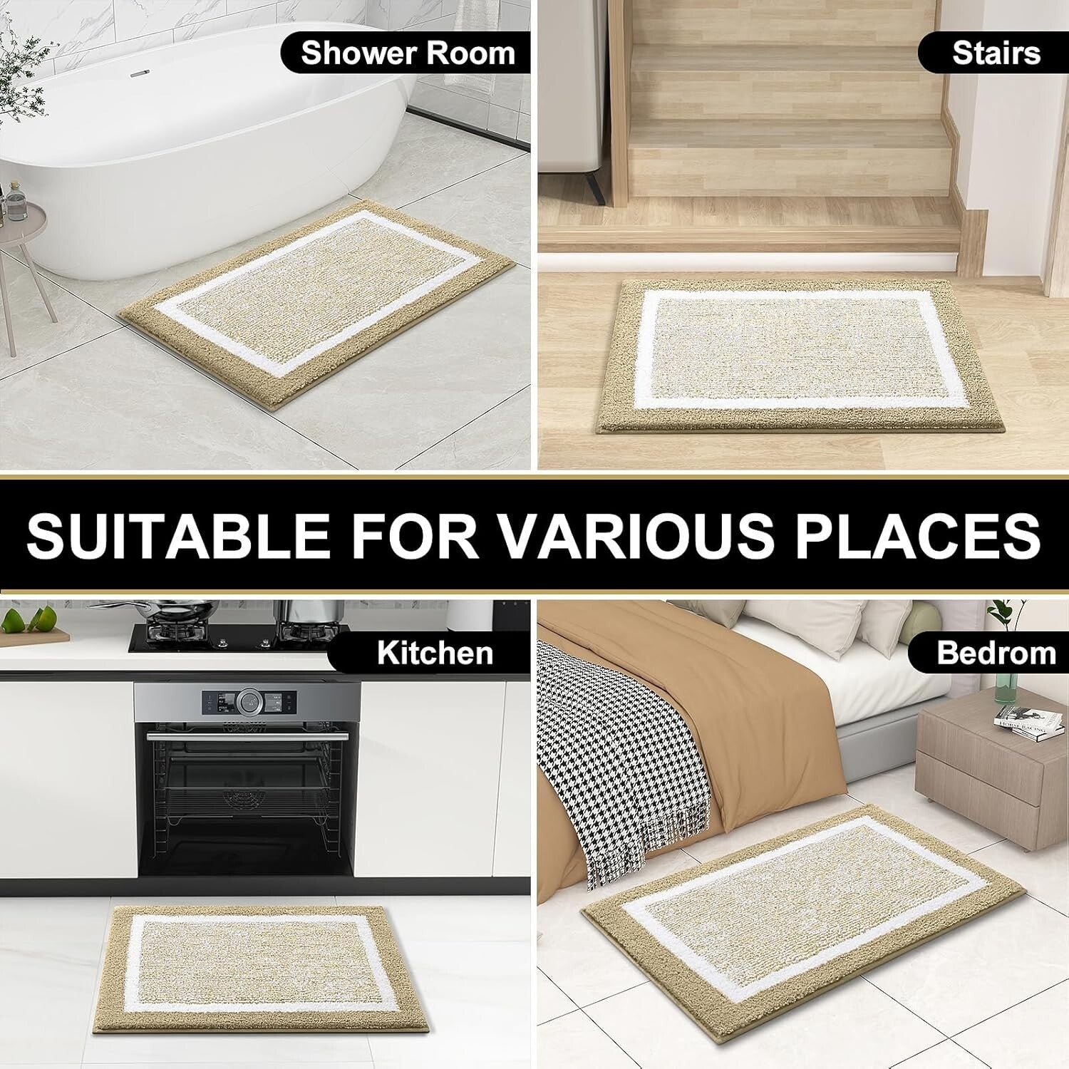 Absorbent Non-Slip 3-Piece Microfiber Bathroom Rugs Set - Elegant Beige Design