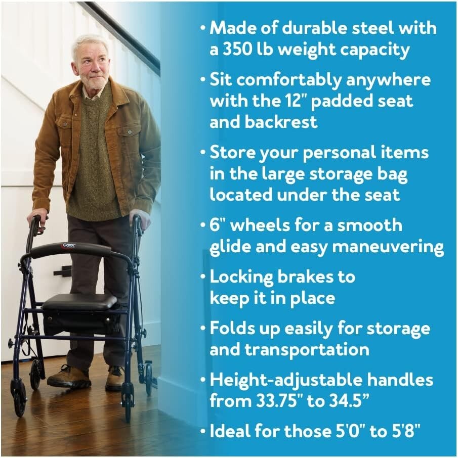 Comfortable Steel Rollator Walker with Backrest and Storage, Height Adjustable