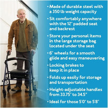 Load image into Gallery viewer, Comfortable Steel Rollator Walker with Backrest and Storage, Height Adjustable