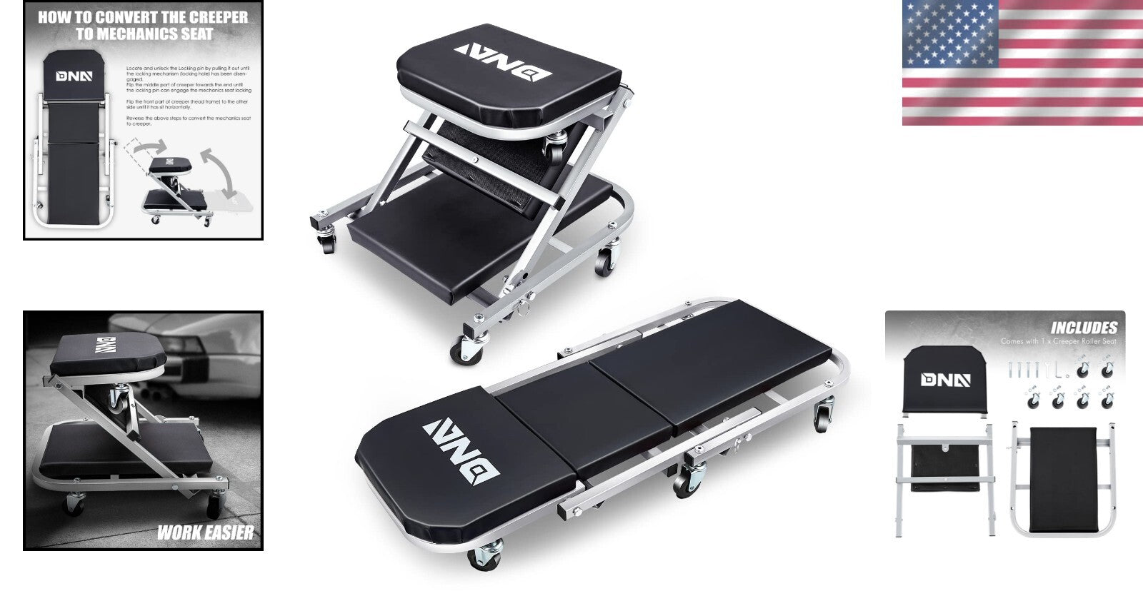 36-Inch Heavy-Duty Rolling 2-in-1 Creeper and Seat - 150kg Capacity, Gray