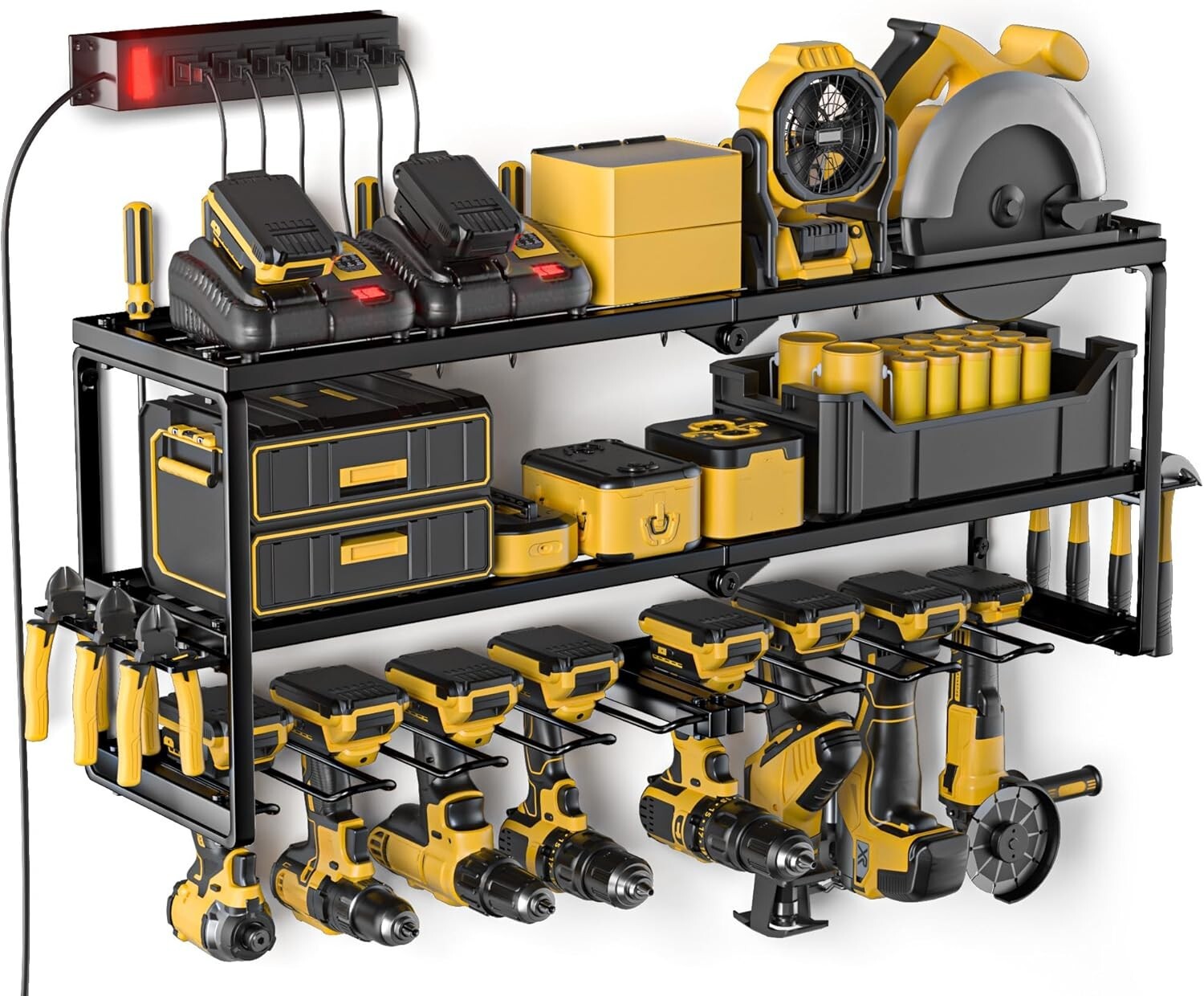 3-Layer Tool Storage Shelf with Detachable Power Strip - Ideal for Garage Space