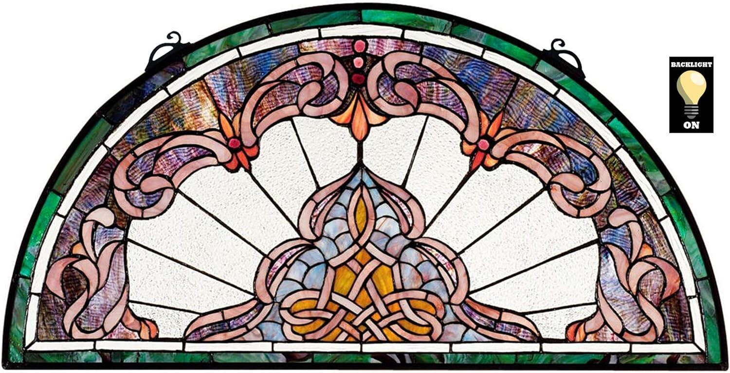 32-Inch Amethyst-Hued Demi-Lune Stained Glass Window Panel – Vintage Elegance