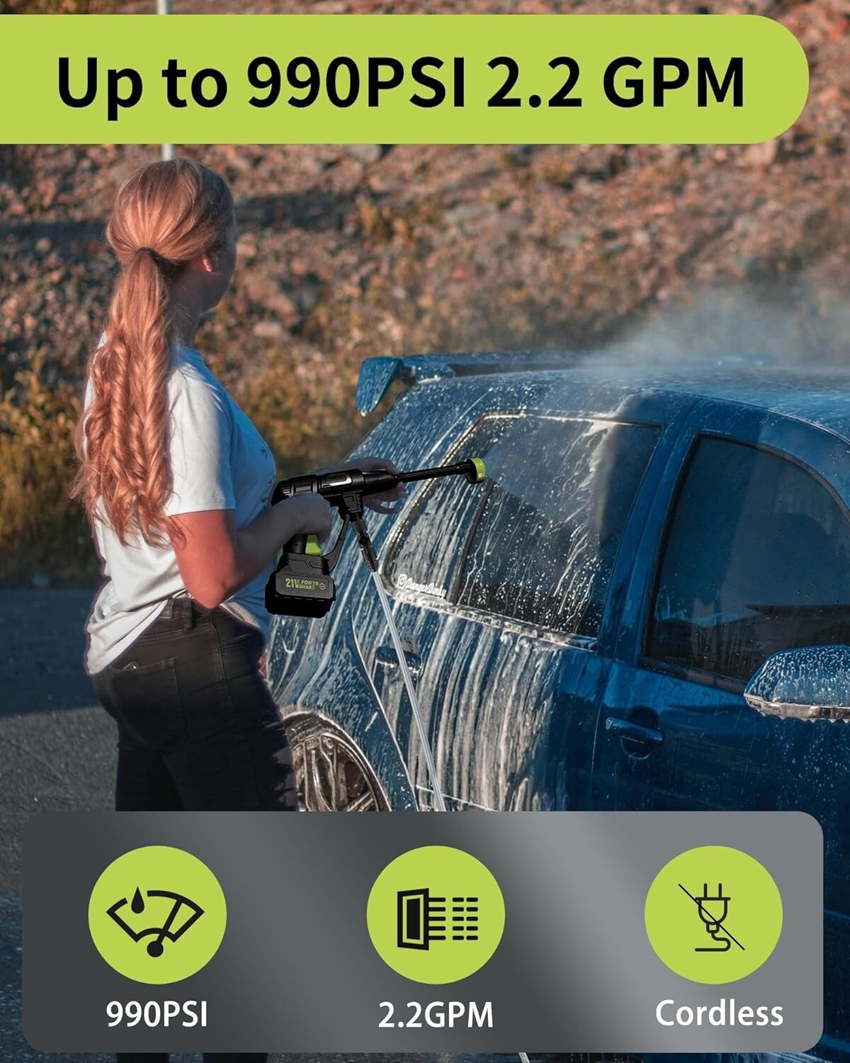 Portable 990 PSI Battery Pressure Washer with 23ft Hose and 6-in-1 Spray Options