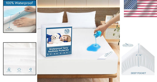 10 Pack Noiseless Waterproof Twin XL Mattress Protector - Plush Terry Cover