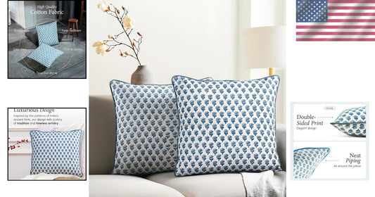 Handcrafted Apatite Blue Floral Throw Pillow Covers - Elegant Bohemian Style
