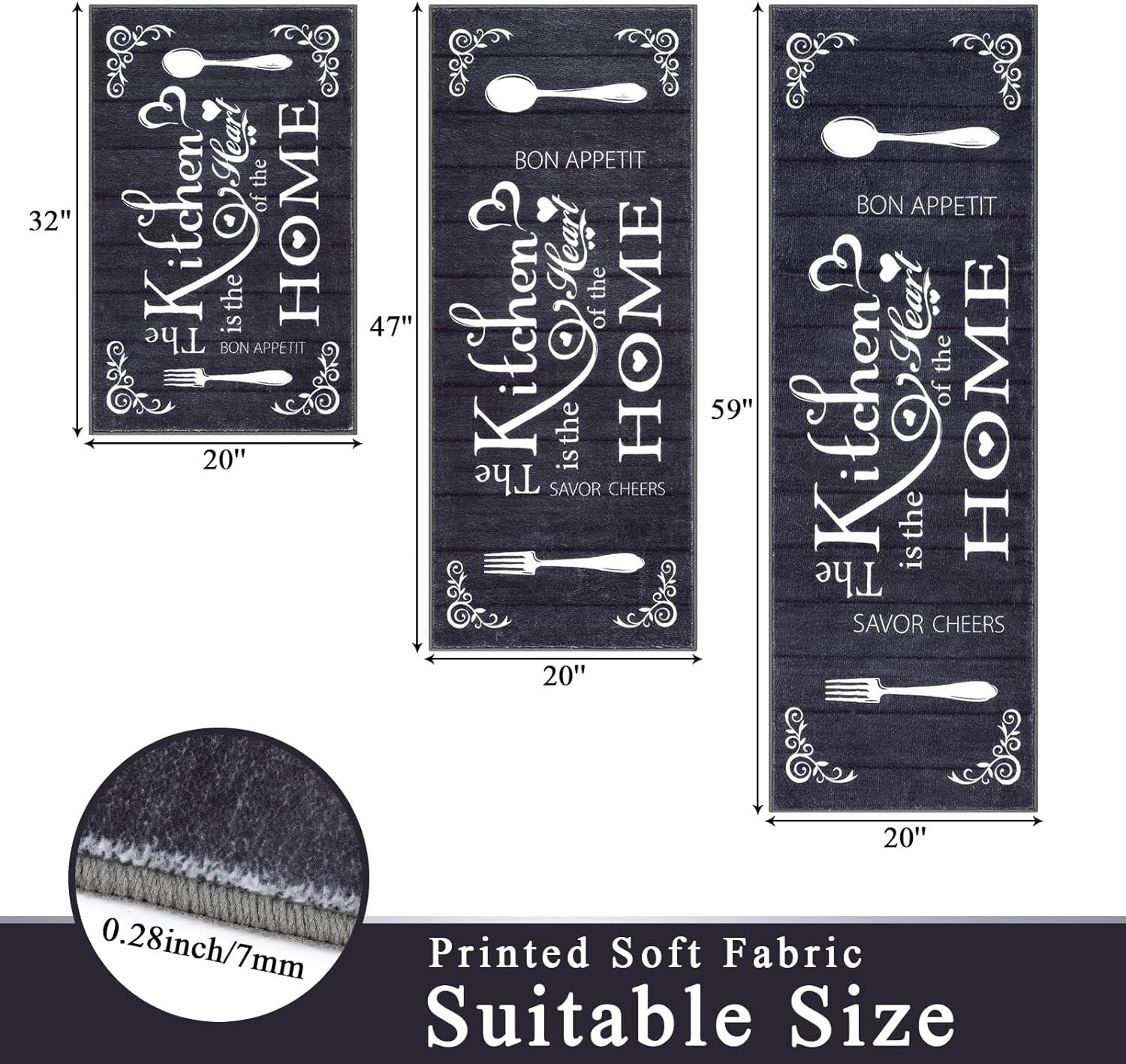 Chic Kitchen Mats Set - 3 Washable Rugs for Farmhouse & Entryway Spaces