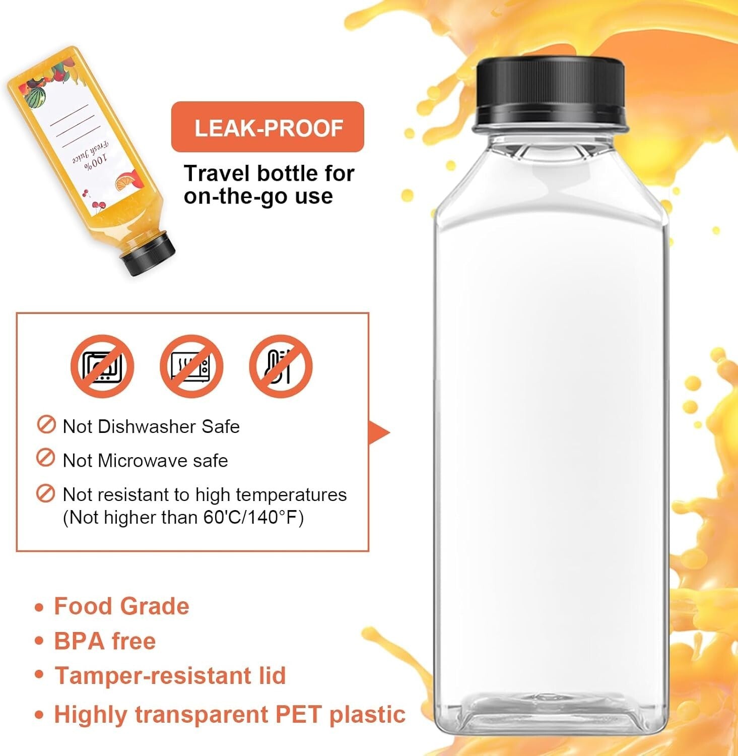 16oz Wide Mouth Juice Bottles - 80 Reusable Clear Plastic Containers for Parties