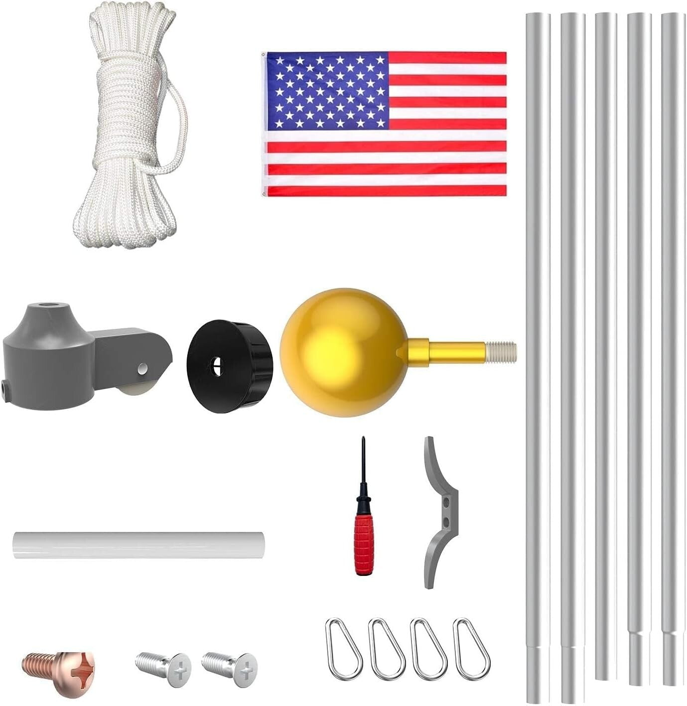 20 FT Heavy Duty Aluminum Flag Pole Kit with 3x5 American Flag - Silver Finish