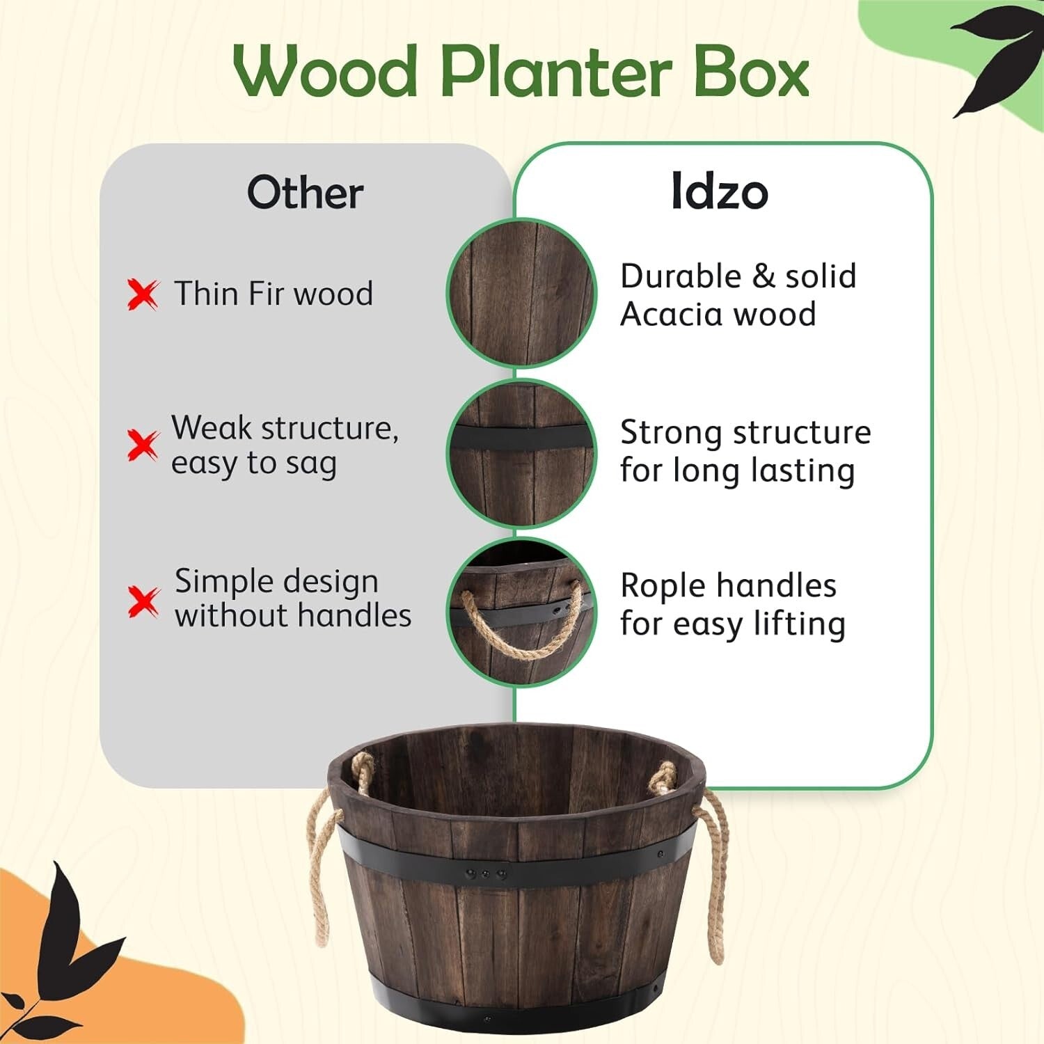 Durable Outdoor Acacia Wood Barrel Planters - Set of 3 with Drainage Holes