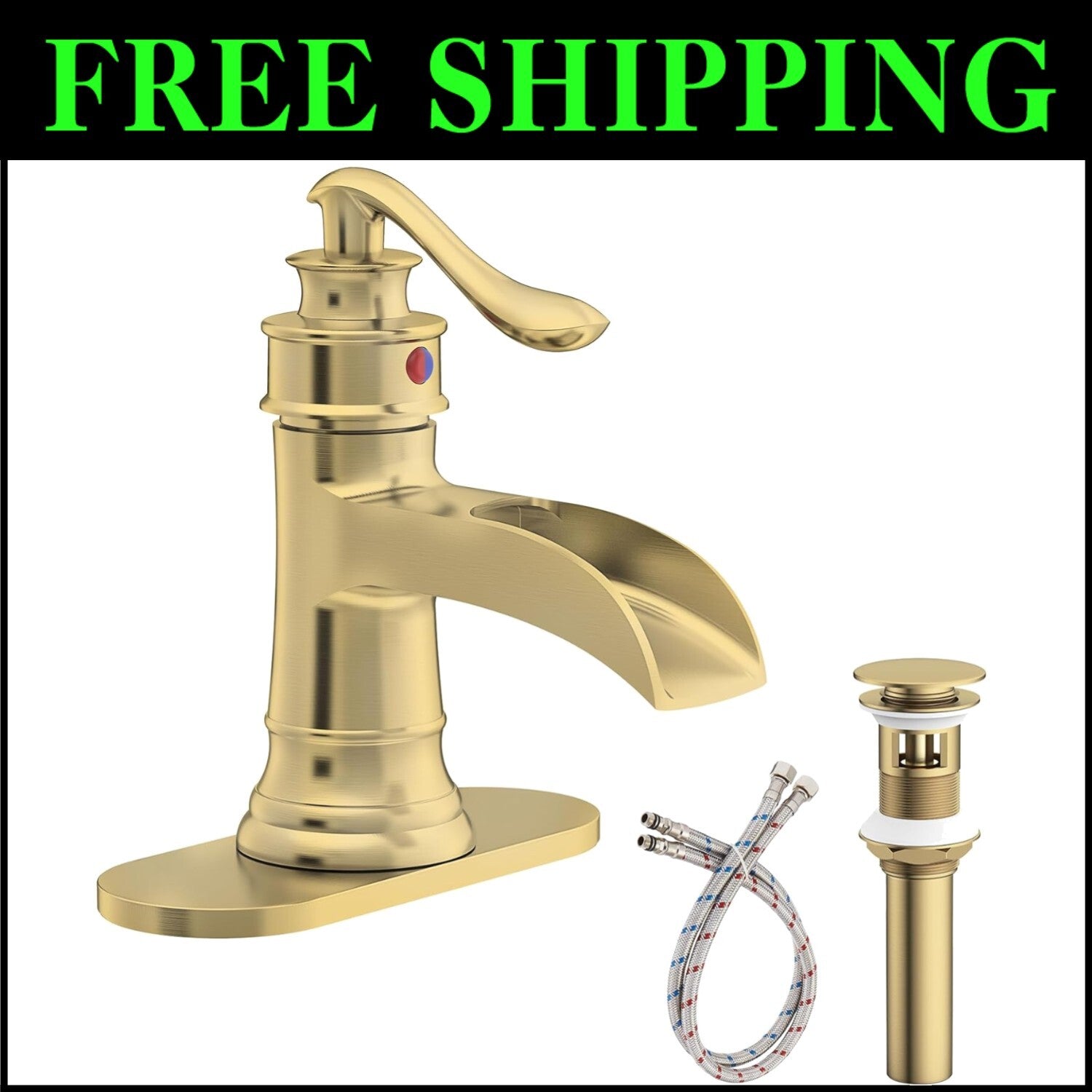 Brushed Gold Waterfall Sink Faucet - Durable Brass, Single Handle, All-Inclusive