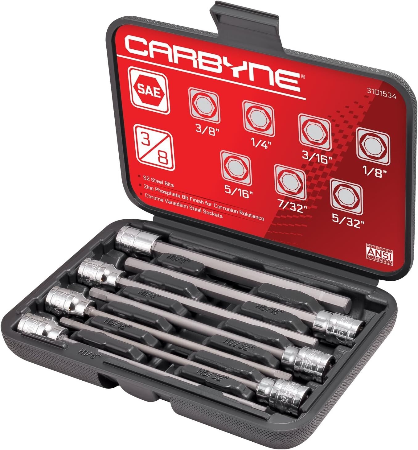 Durable 7-Piece SAE Hex Bit Socket Set, 3/8” Drive & Corrosion Resistant Finish