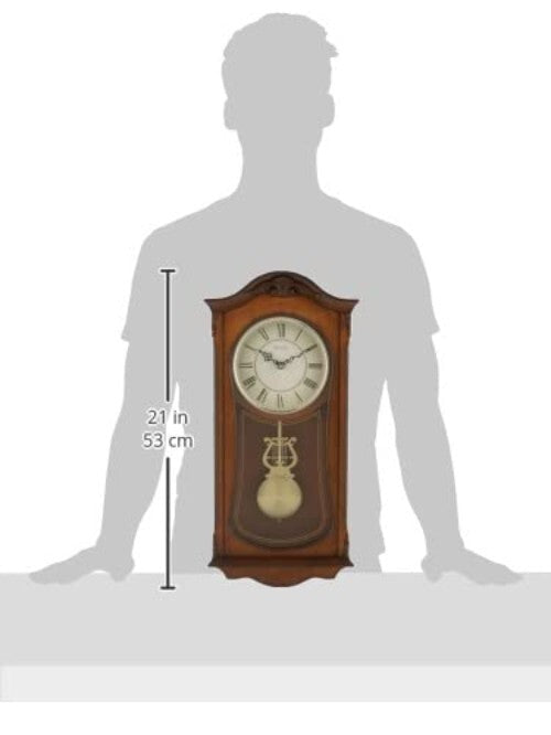 Charming Brown Analog Wall Clock: Walnut Wood, Pendulum, and Roman Numerals