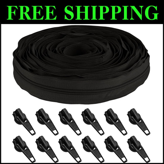 200 Yards Durable Black Nylon Zipper Tape with 200 Metal Pulls for DIY Projects