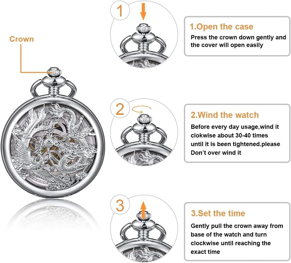 Elegant Mechanical Pocket Watch with Skeleton Dial - Dragon & Phoenix Design