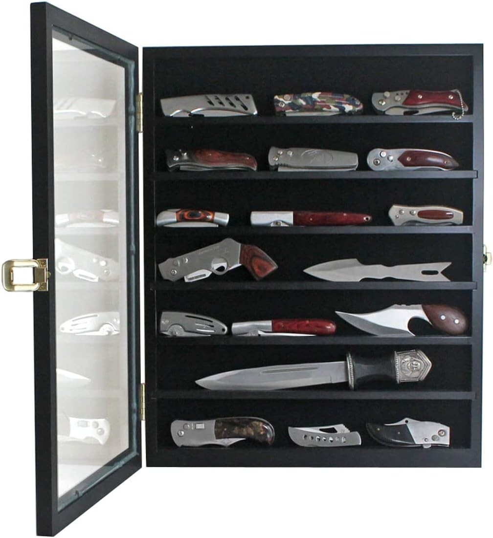 Elegant Black Knife Shadow Box - 7 Shelf Wall-Mount Display Case for Collectors