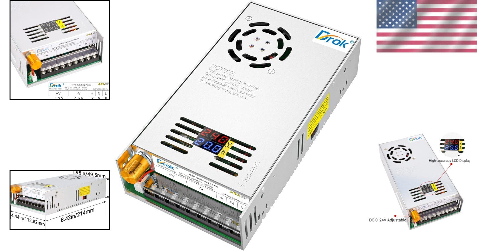 480W Adjustable Power Supply with Dual LED Display, 20A Current Capacity