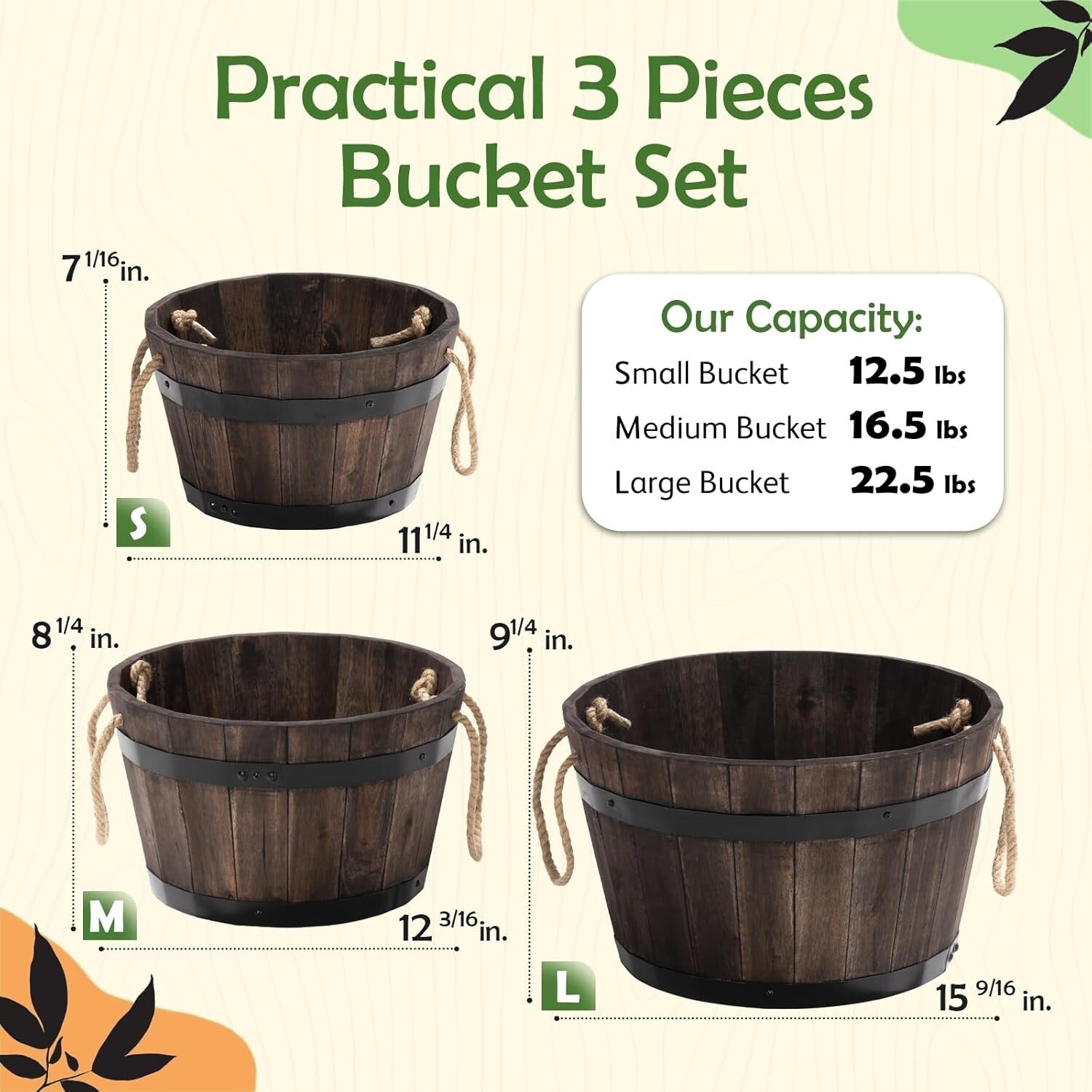 Durable Outdoor Acacia Wood Barrel Planters - Set of 3 with Drainage Holes