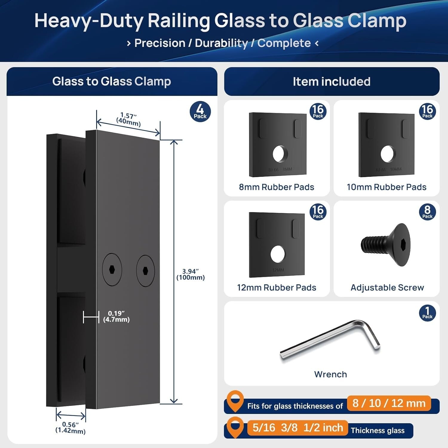 Black Stainless Steel 304 Glass Clamp - Durable Railing Bracket for 8-12mm Glass