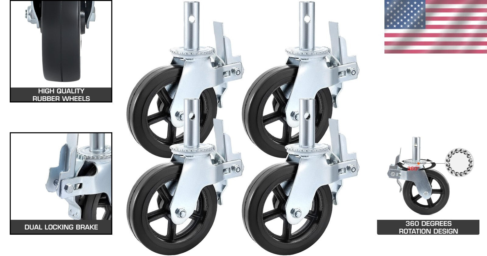 Durable 8 x 2 Inch Heavy-Duty Swivel Casters with Double Lock - 1100LBS Capacity