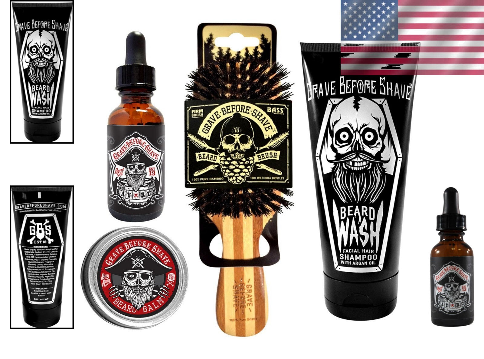 Moisturizing Beard Care Pack with Bay Rum Oil, Wash & Boar Hair Brush