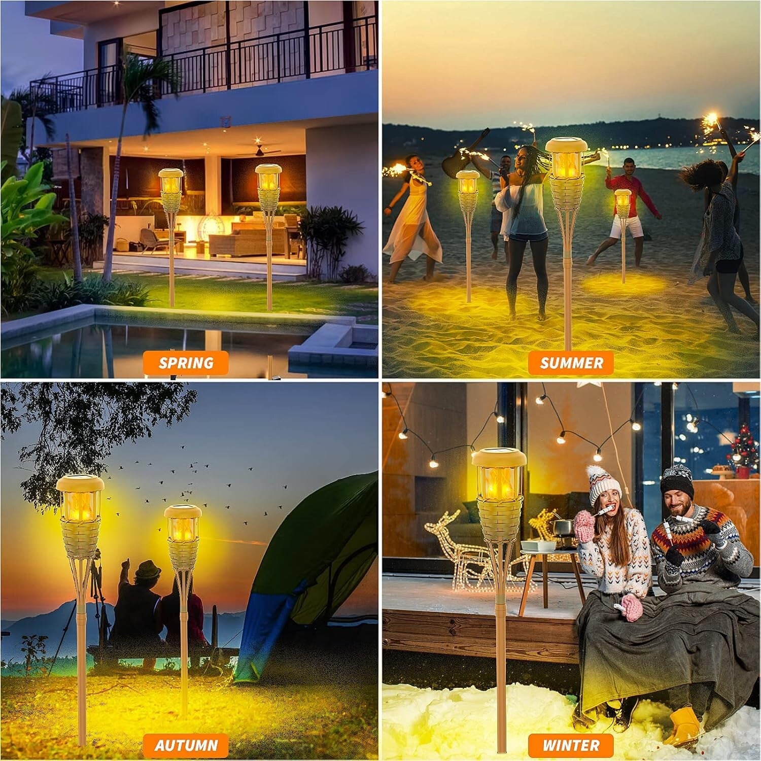 Classic Yellow Solar Torch Lights - 8 Pack with Adjustable Height & Flame Effect