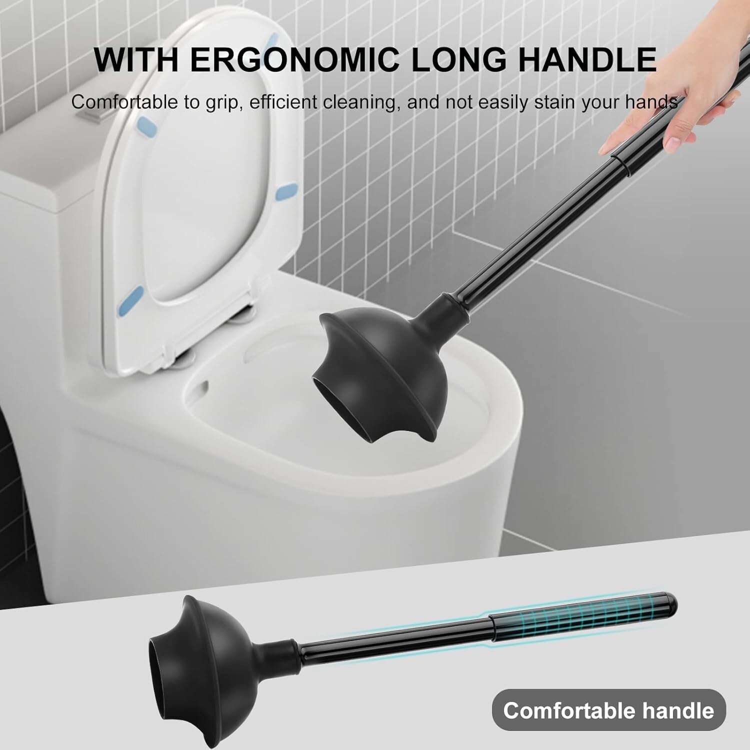 Efficient Toilet Brush & Strong-Suction Plunger Set with Discreet Holder - Black