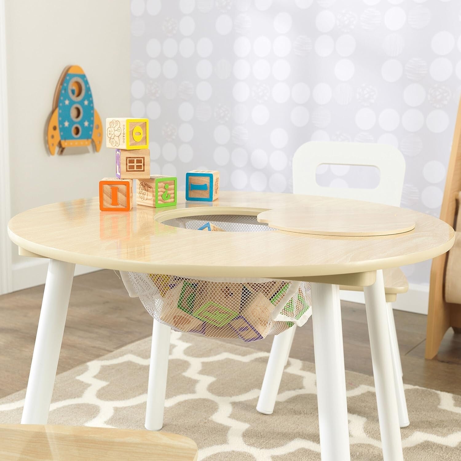 Wooden Round Table & 2 Chair Set with Hidden Storage for Kids Playrooms