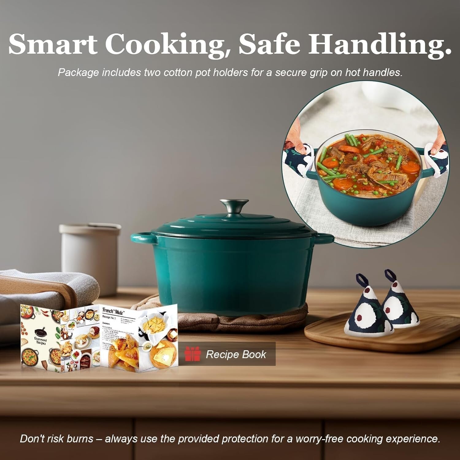 5.5QT Enameled Cast Iron Dutch Oven with Lid & Cookbook for Flavorful Cooking