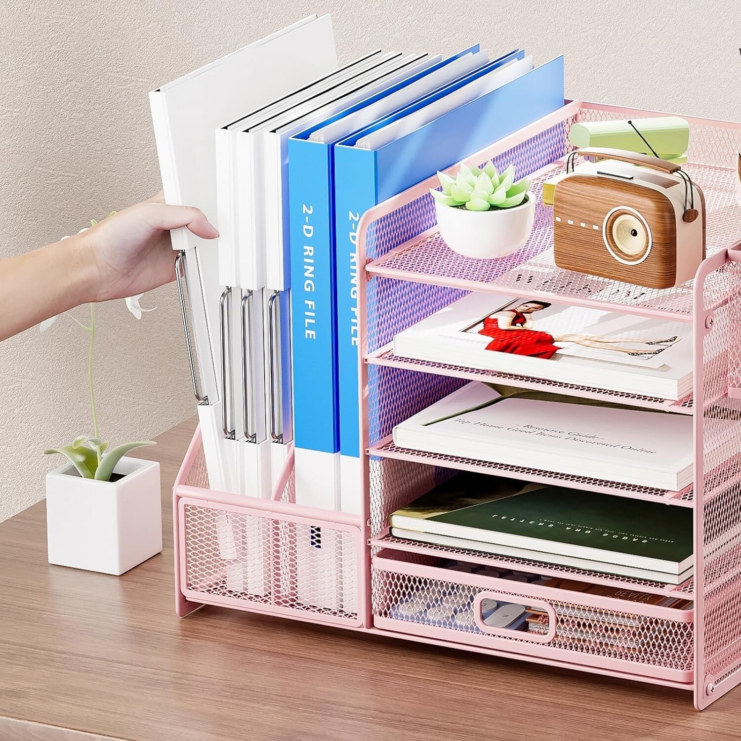 Elevate Your Office with a 5-Tier Pink Mesh Desk Organizer and Storage Drawer