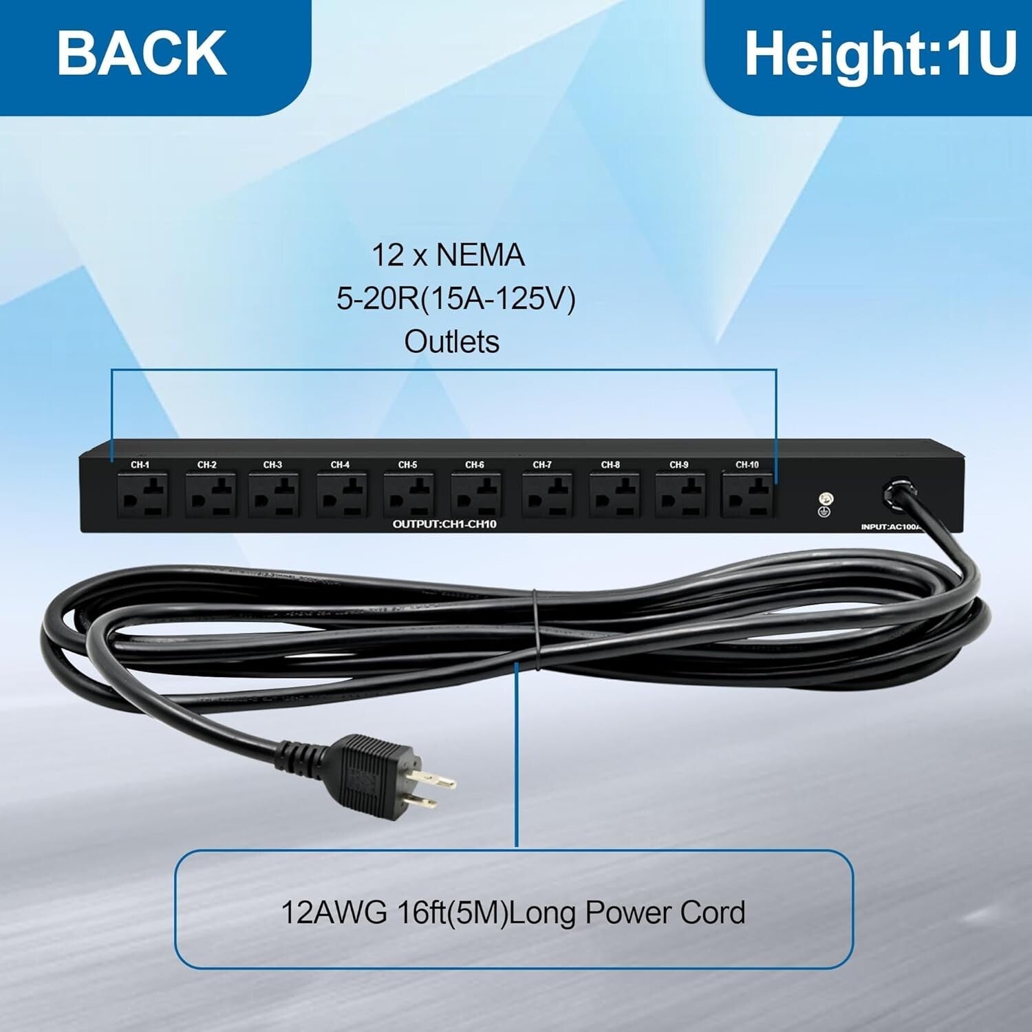 12-Outlet Rack Mount Power Strip with 3600 Joules Surge Protection - ETL Listed