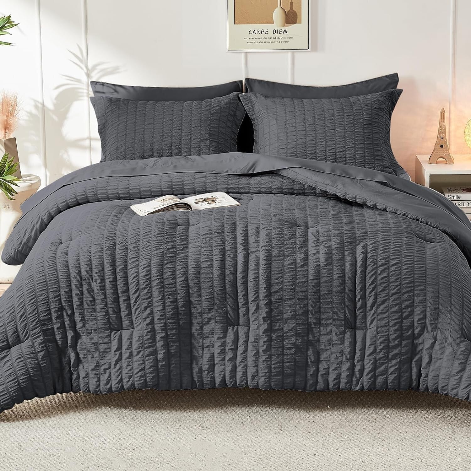 Elegant 7-Piece Dark Grey King Bedding Set - Hypoallergenic & Wrinkle-Resistant