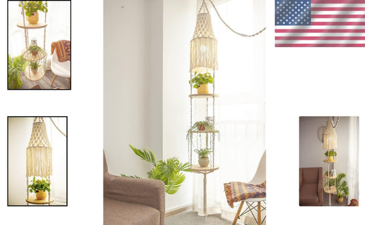 Boho Macrame 3-Tier Floating Shelf with Handwoven Lampshade & Light Socket