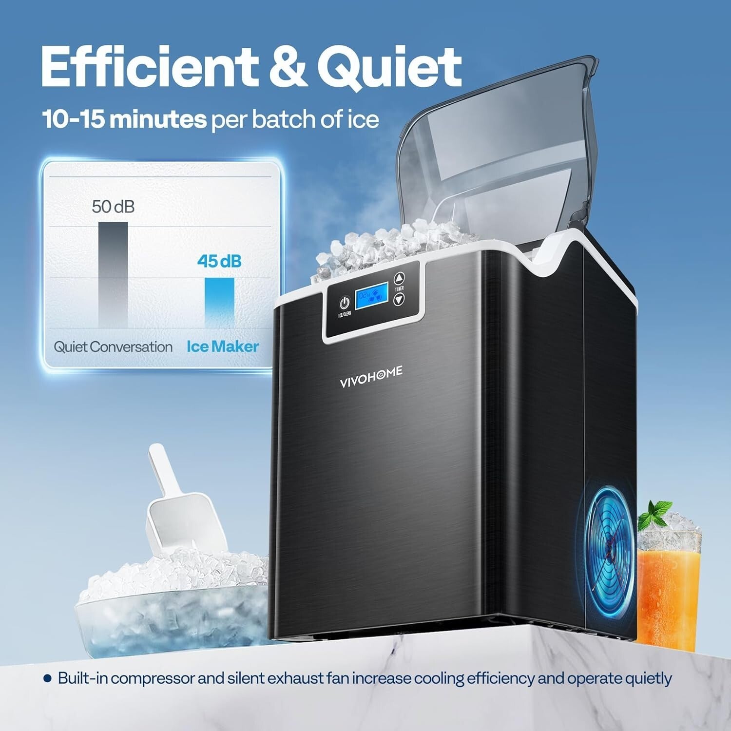 Efficient Nugget Ice Maker with LCD Panel and Self-Cleaning Feature - Portable