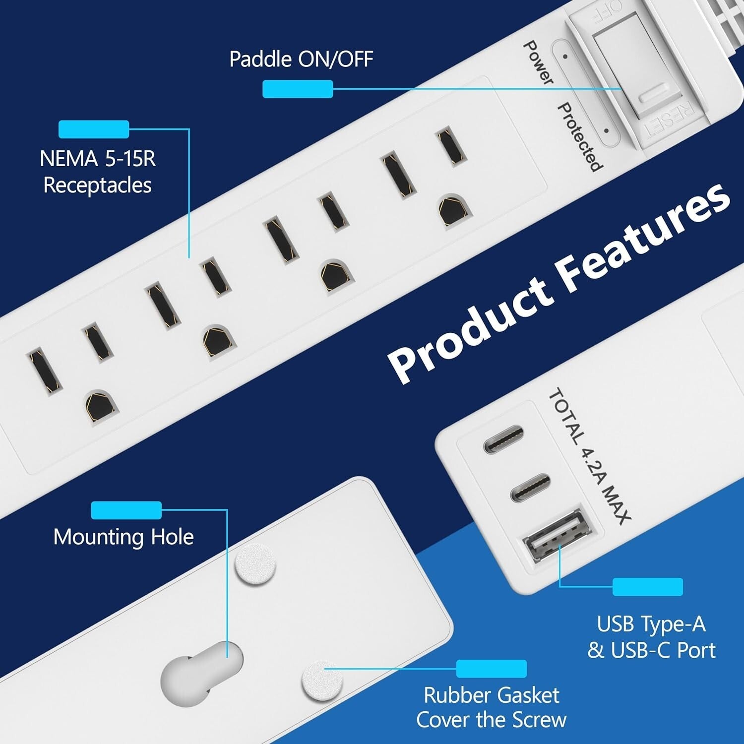 5ft Cord Surge Protection Power Strip: 4 Outlet & 3 USB Ports for Easy Access
