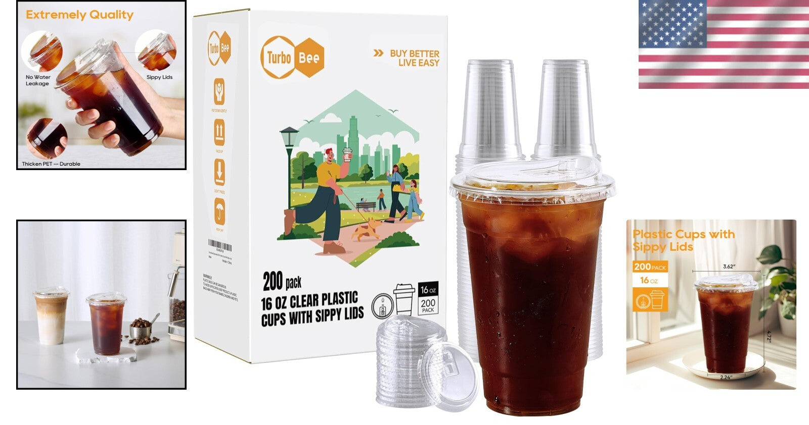 200 Sets of 16 oz Clear Plastic Cups with Strawless Lids - Leak-Proof Design