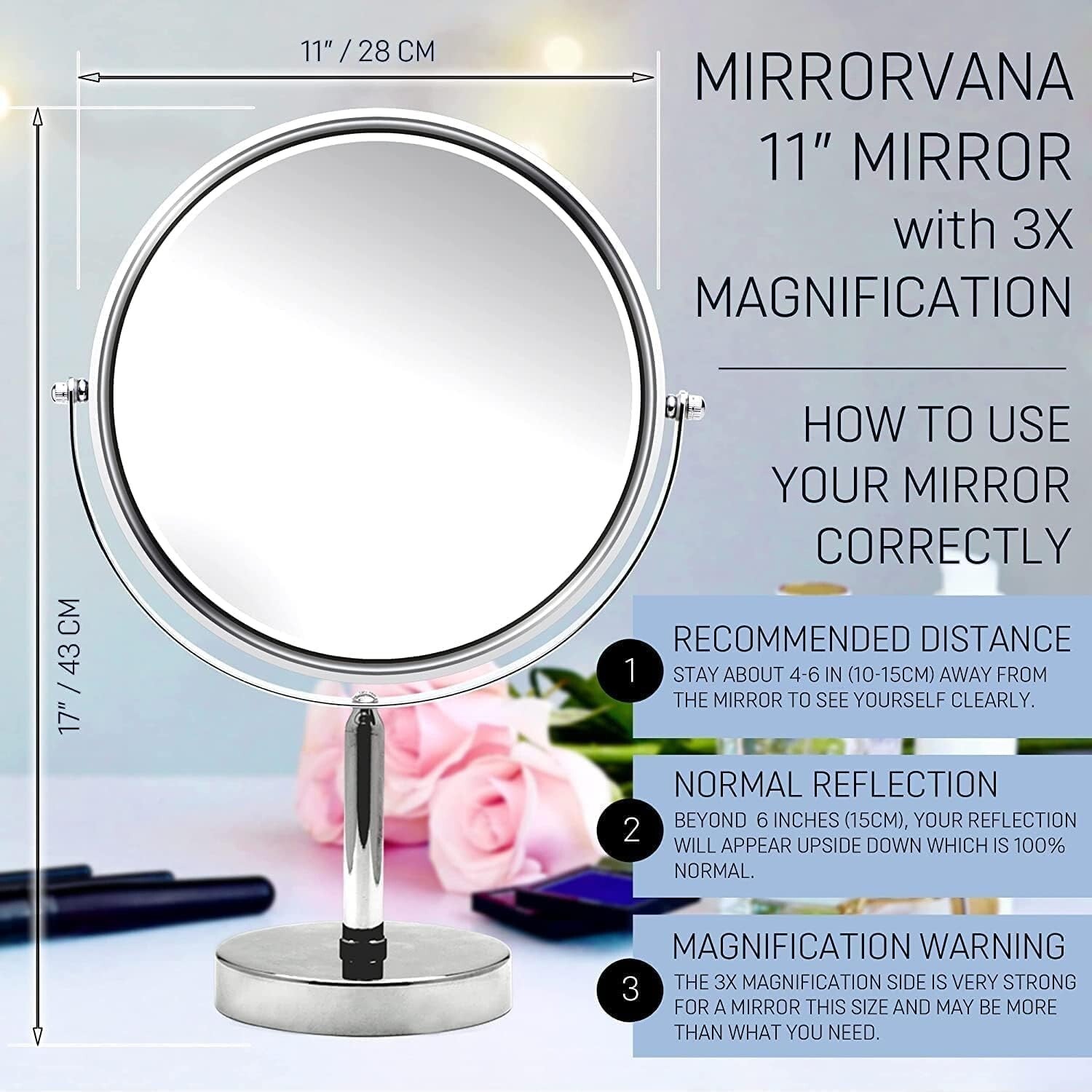 17" Tall Round Vanity Mirror with 3X Magnification - Chrome Polished Finish