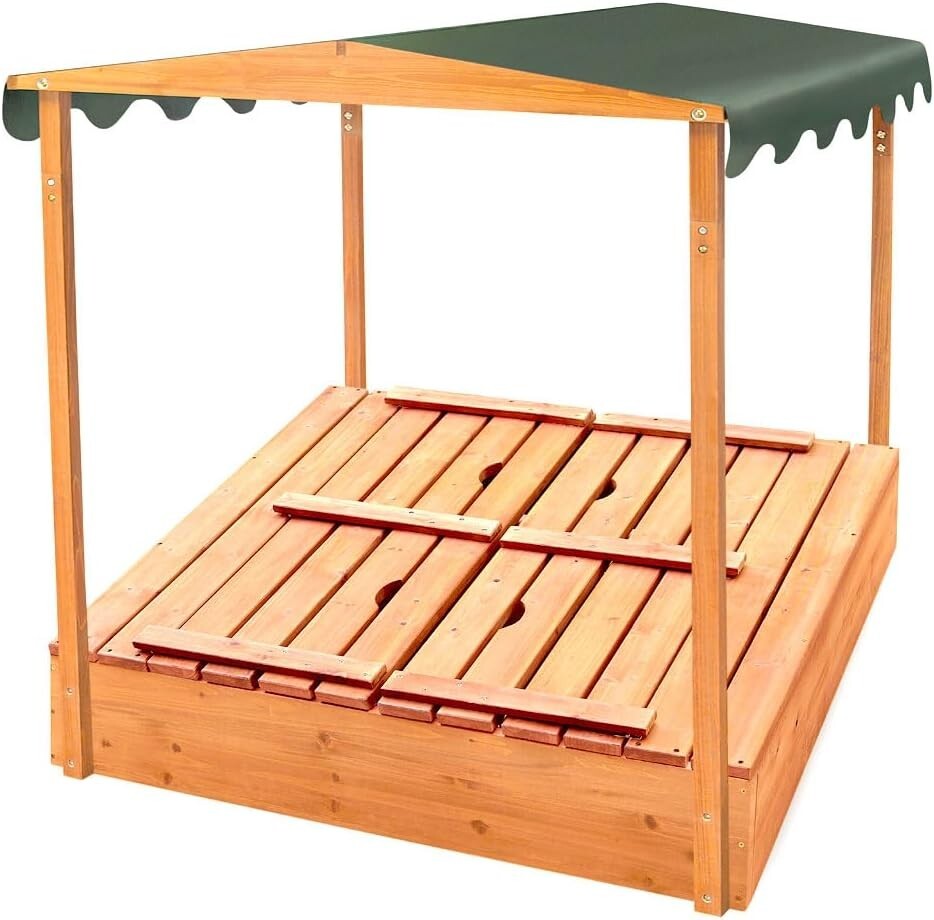 Fun Convertible Cedar Sandbox with Easy-Setup Canopy and Bench Seating - 46.5"