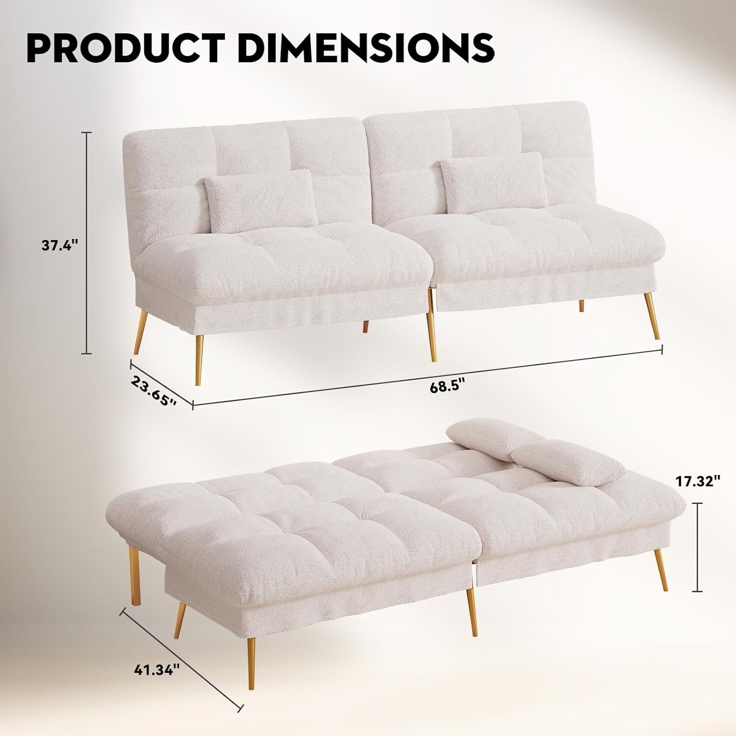 Elegant 68" Convertible Futon Sofa Bed with Adjustable Backrest - White