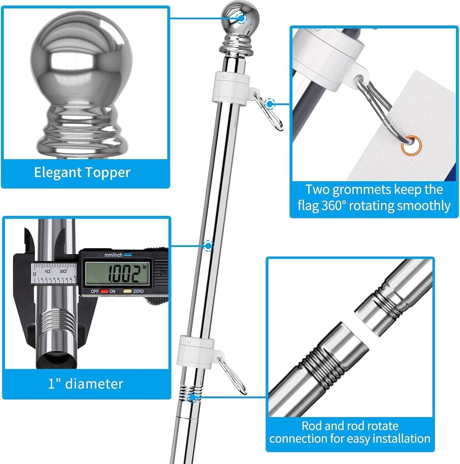 2-Pack Adjustable 6 FT Flag Poles with Rust-Free Bracket for Homes & Businesses